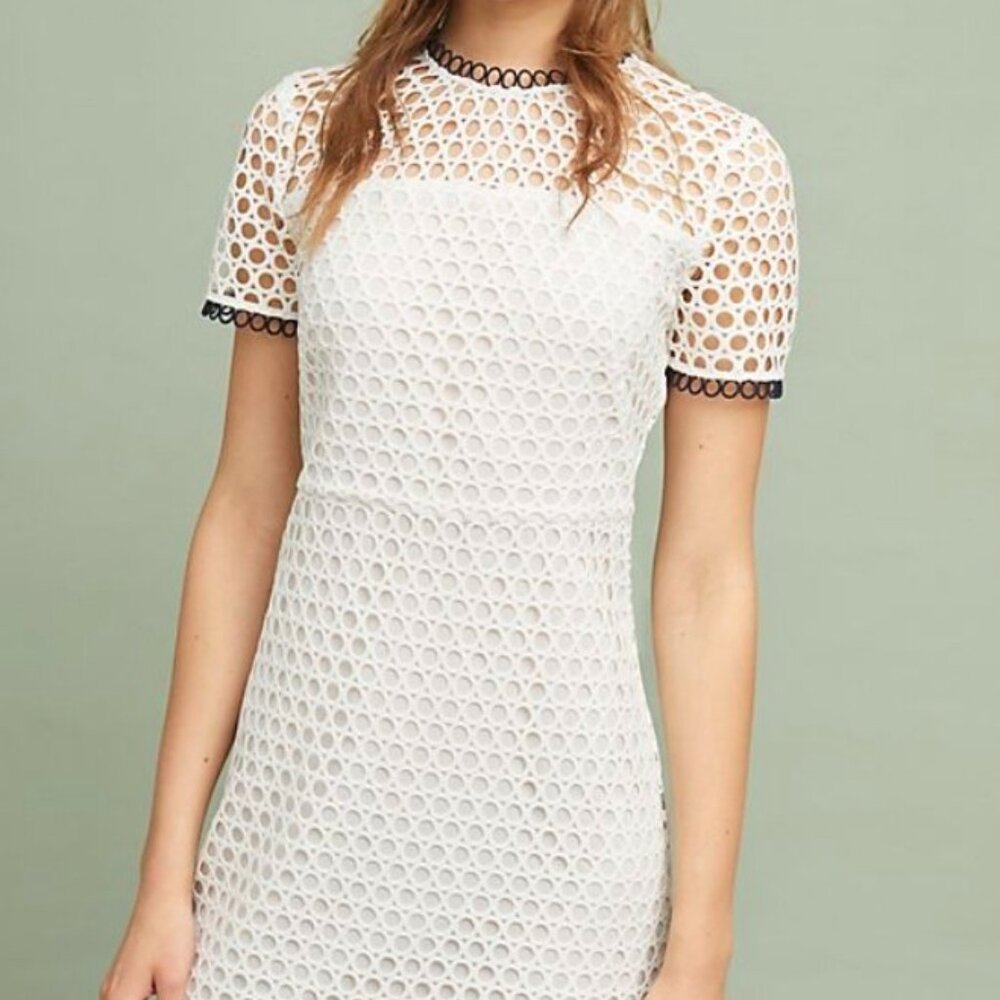 Shoshanna Geo Lace Dress w/ Contrast Trim, White & Navy
